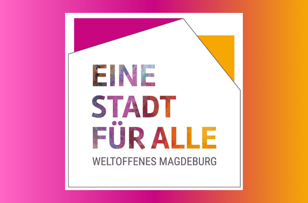 Hintergrund pink gelber Farbverlauf, davor das Logo Eine Stadt für Alle pink gelbe Schrift vor weißem Quadrat Hintergrund pink gelber Farbverlauf, davor das Logo Eine Stadt für Alle pink gelbe Schrift vor weißem Quadrat