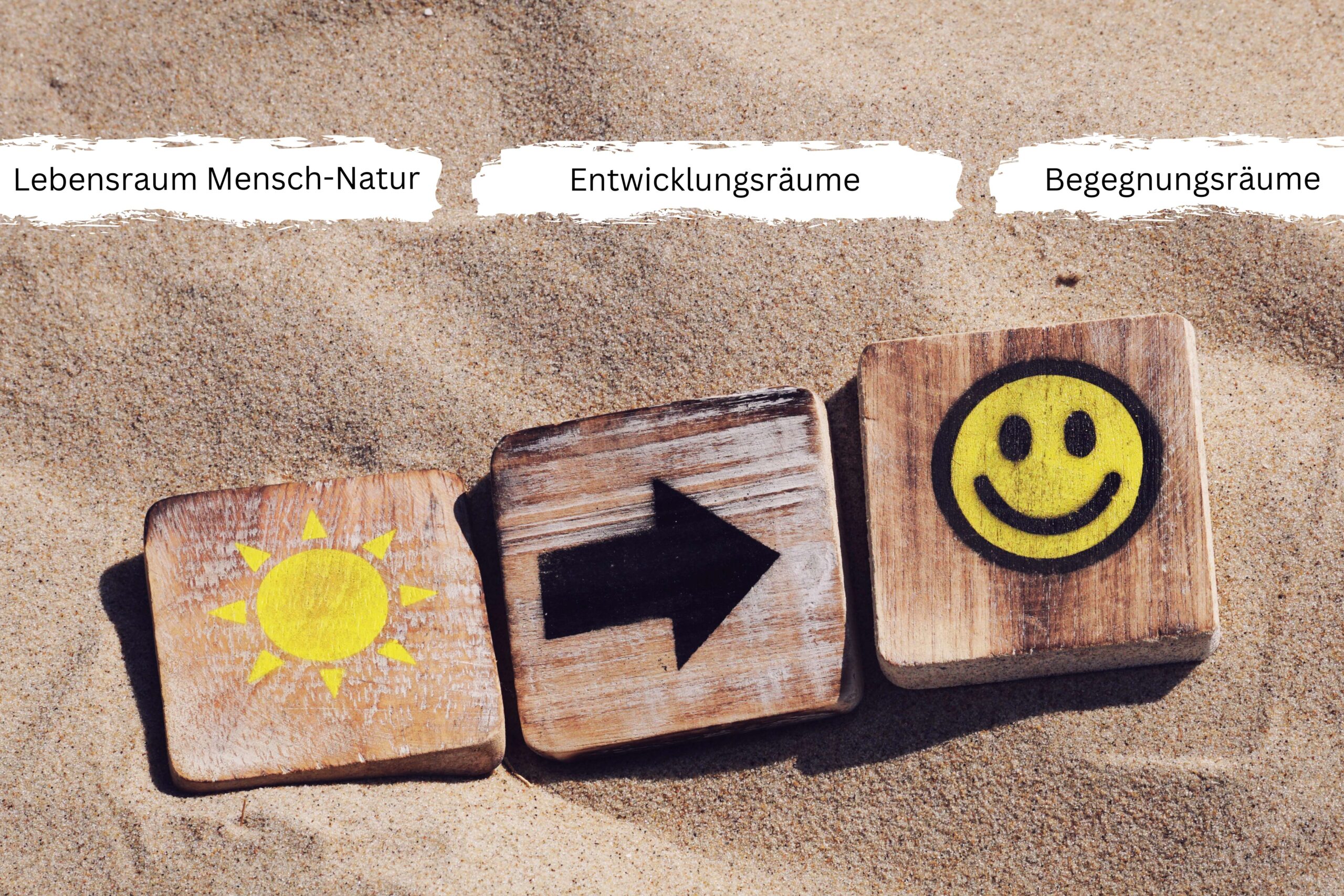Handlungsfelder der LAG MD4EU, Schrift auf Sand darunter 3 Holzplättchen mit Sonne, Pfeil und Smiley