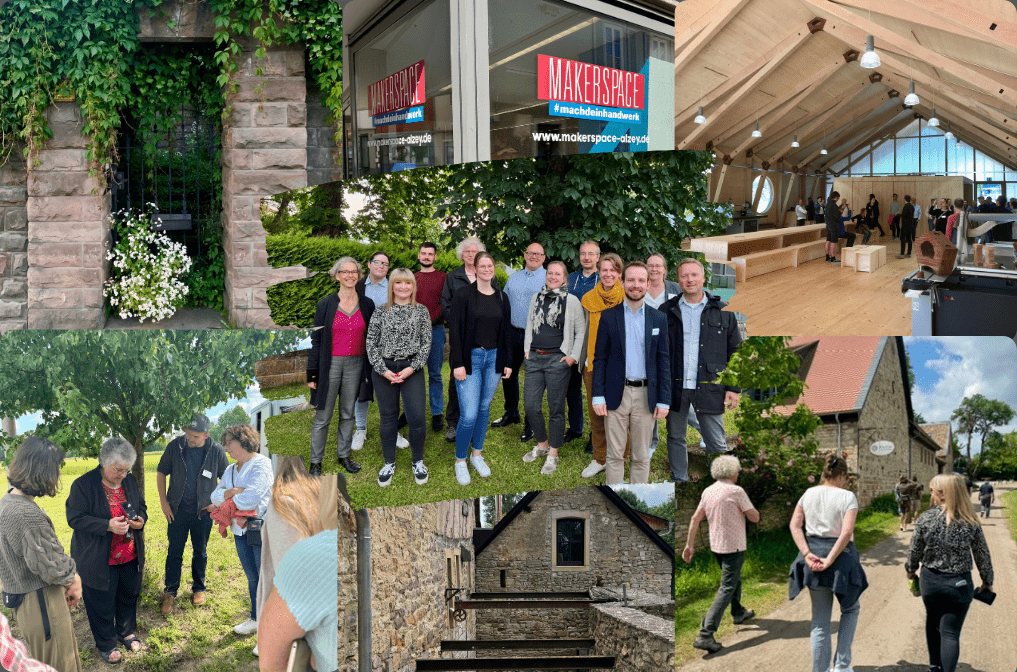 Collage aus 7 Fotos, links oben Metalltür in Backsteinmauer mit wildem Wein, mittig oben Glasfronten eines Geschäftes mit Aufschrift Makerspace, rechts oben Innenansicht einer Holzhalle, rechts unten Menschengruppe auf Handy guckend, mittig unten Seitenansicht eines alten Hauses aus Bruchsteinen, rechts unten 3 Personen Rückenansicht im Gehen, in der Mitte der Collage ein Gruppenfoto von 13 Menschen
